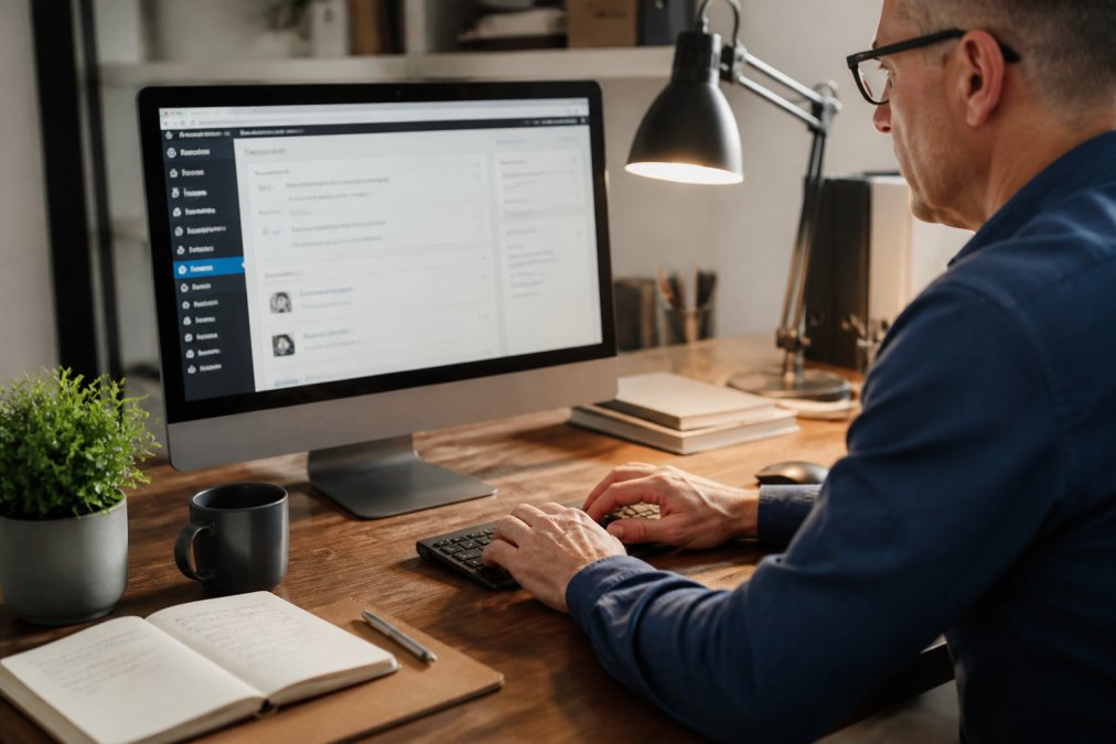 Close-up van handen die op een toetsenbord typen met WordPress dashboard zichtbaar op monitor, werkruimte met notitieblok