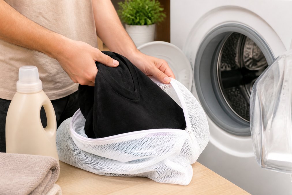 Nahaufnahme einer Person, die vorsichtig ein schwarzes Baumwoll-T-Shirt neben einer Waschmaschine in einen Wäschesack steckt, mit einem umweltfreundlichen Waschmittel im Hintergrund in einem hellen Raum