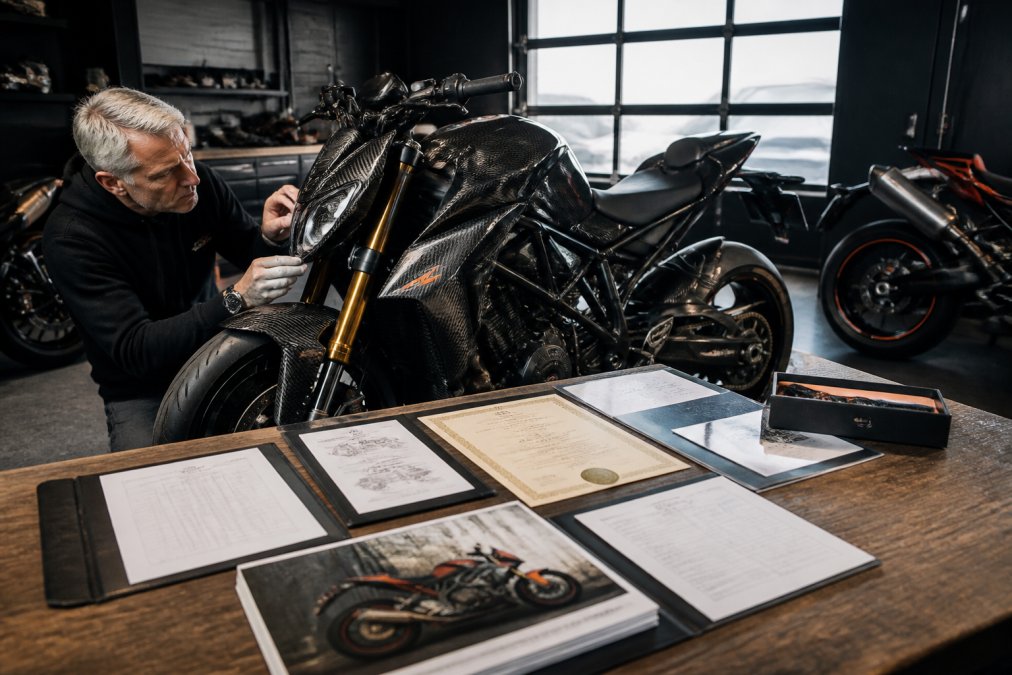 Een motorverzamelaar in een privé-garage inspecteert nauwkeurig een zeldzame limited-edition motorfiets, met originele documentatie, certificaten van echtheid en servicehistorie zichtbaar op een tafel naast de motor