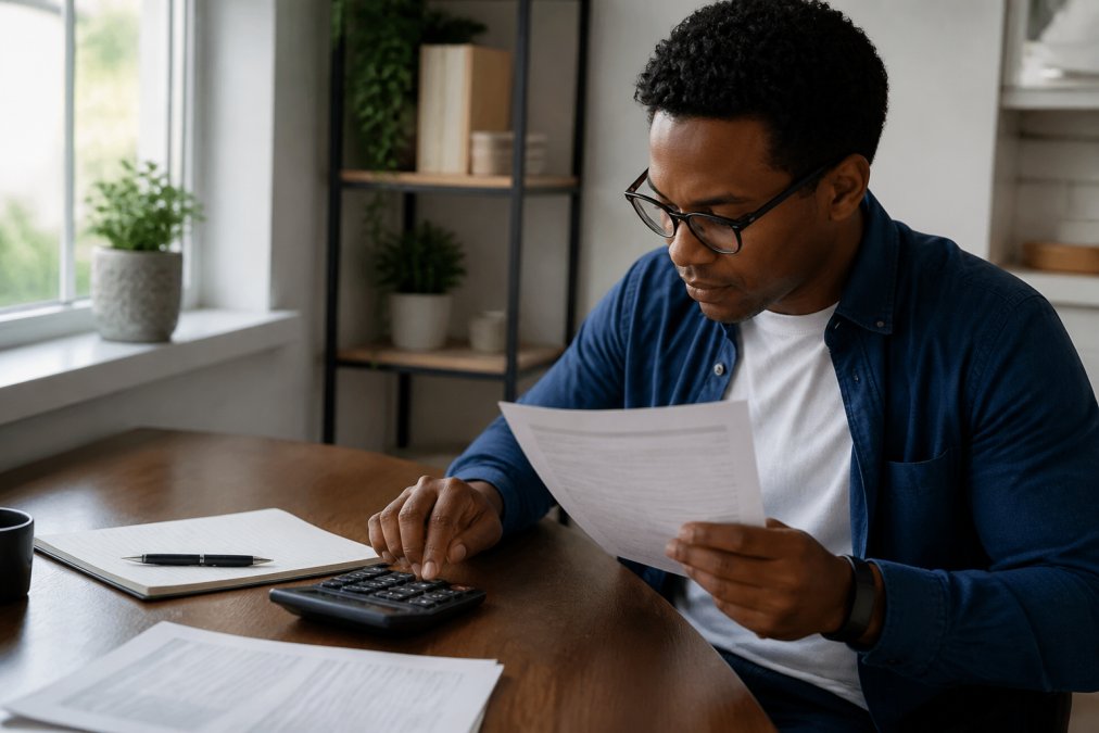 Person using a wage garnishment calculator nj while reviewing pay stubs and taking notes at a desk