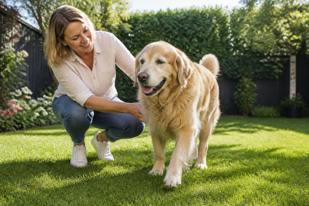 A pet owner assessing her dog joint mobility