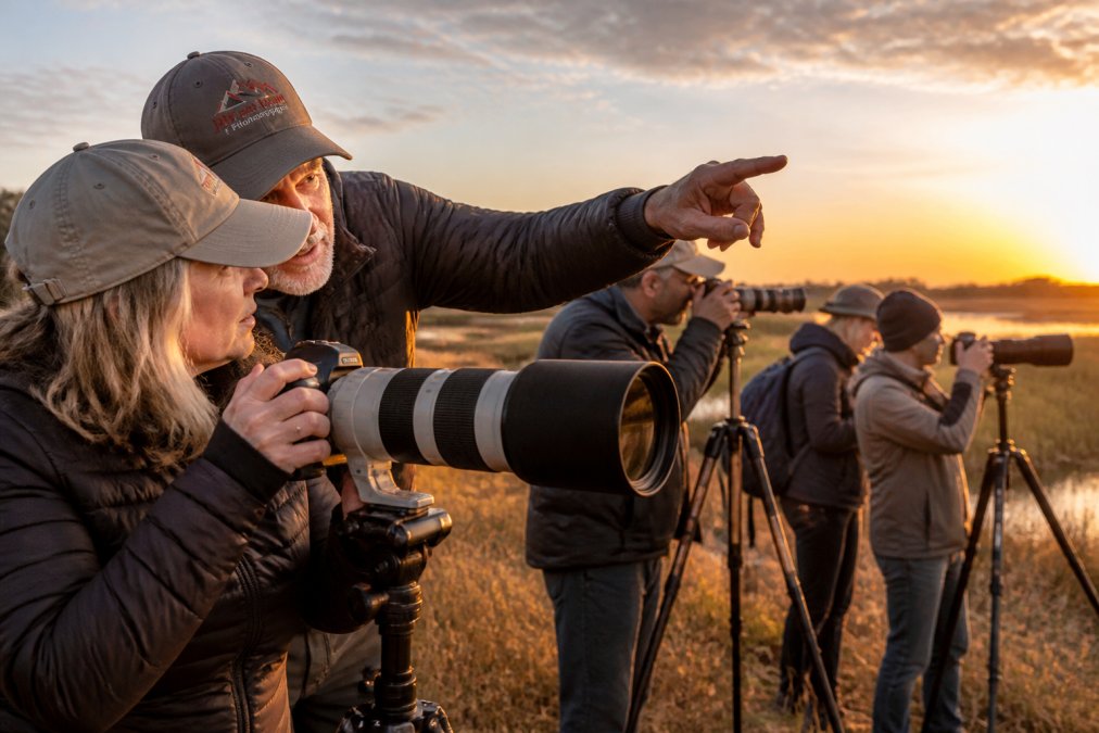 Small group of photographers in the field with telephoto lenses at golden hour, an instructor pointing out composition techniques to a student, warm sunset light illuminating the scene