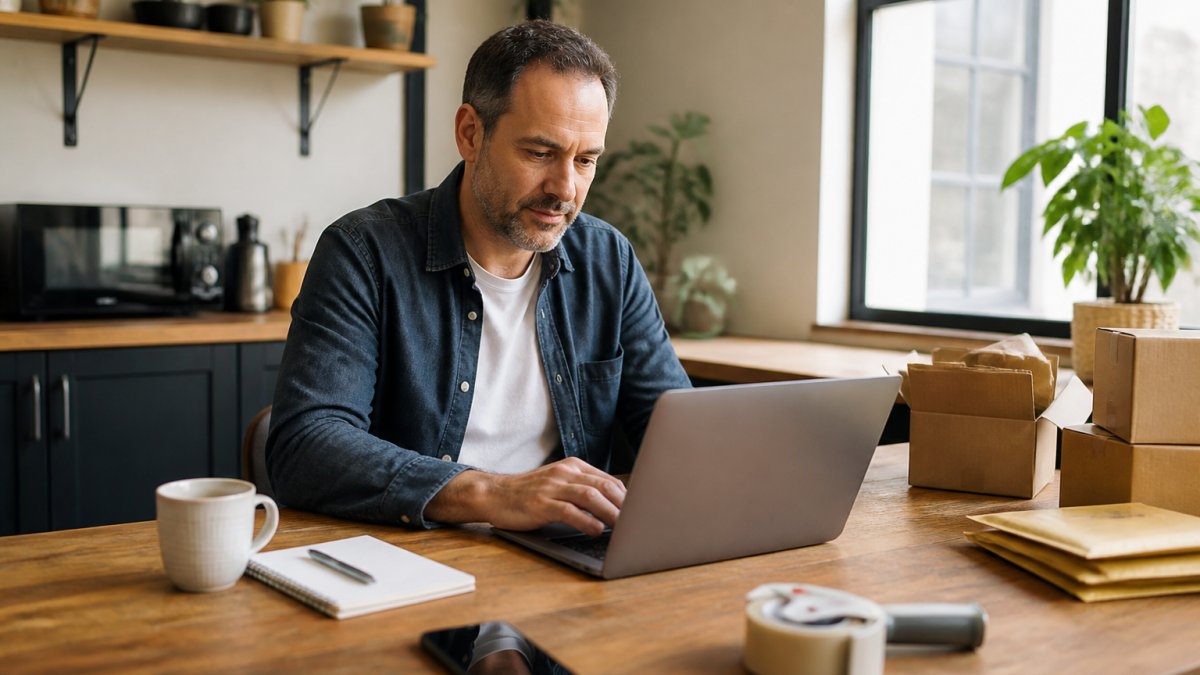 A parent in their forties working on a laptop at a kitchen table in a bright home office, notebook and coffee beside them, relaxed and focused