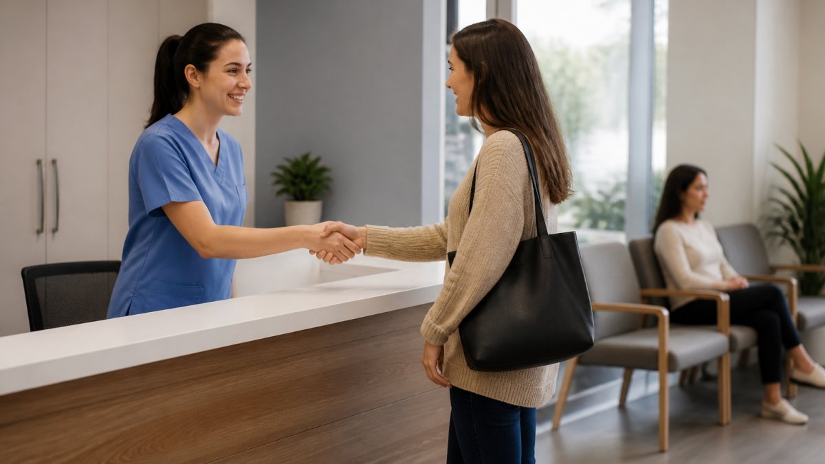Patient checking in at a modern reception desk to minimize walk-in clinic wait times.