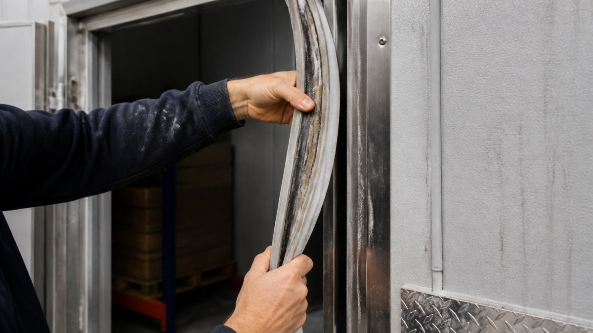 Technician's hands carefully removing a worn, frost-covered gasket from a commercial freezer door frame, showing the magnetic strip detail and retainer channel