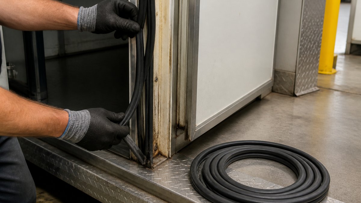 Close-up of a technician's gloved hands peeling an old black magnetic gasket out of the channel on a walk-in freezer door frame, with a replacement gasket coil resting on the stainless steel threshold nearby