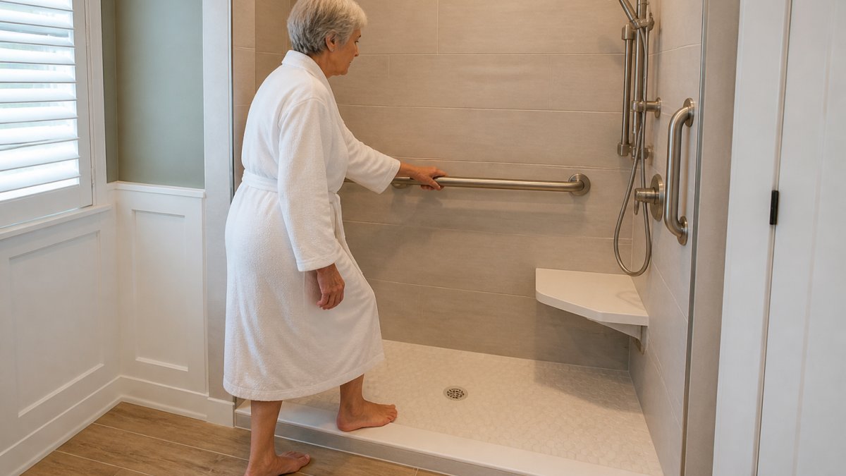 Senior using grab bars to safely enter a curbless walk-in shower with handheld showerhead and built-in seat visible in modern bathroom with non-slip flooring