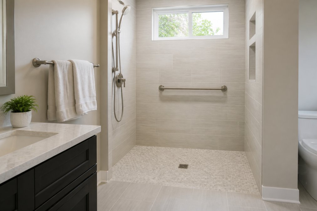 Modern walk-in shower with a low curbless entry, grab bar, and slip-resistant tiles for safe accessibility.