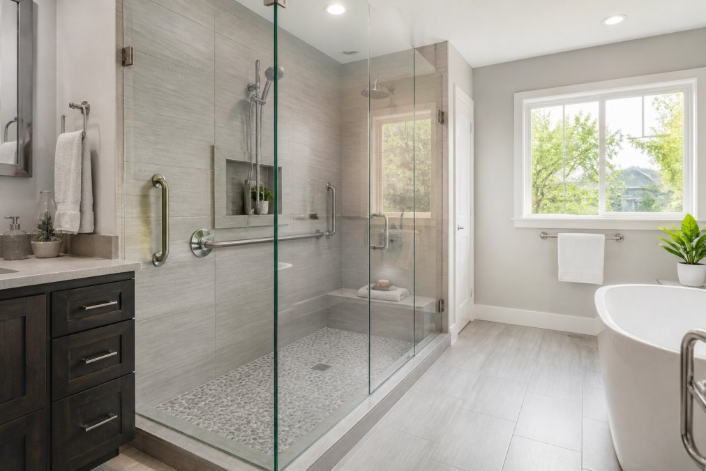 Modern bathroom featuring a walk-in shower vs bathtub design with a frameless glass enclosure and safety grab bars.