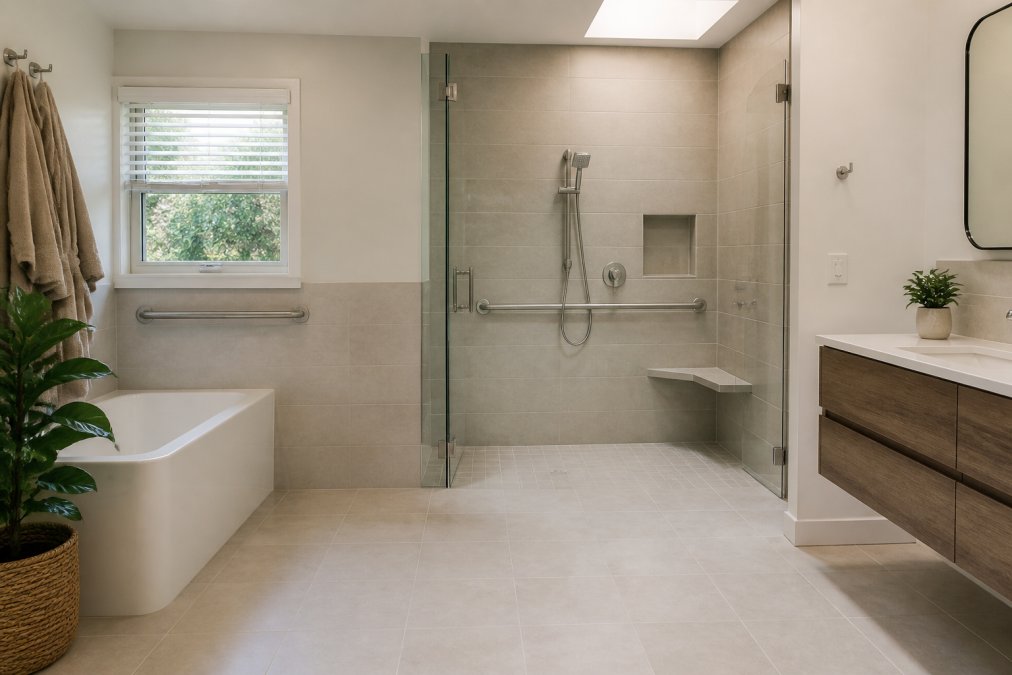 Modern bathroom with curbless walk-in shower featuring glass enclosure, grab bars, and built-in bench seat, spacious floor layout with natural lighting