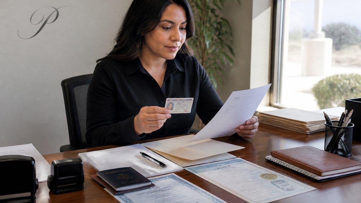 Person organizing documents and identification on a desk, holding a driver's license and paperwork, preparing for a Nevada DMV visit