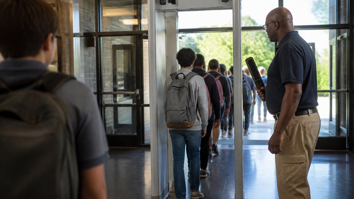 Students in backpacks filing through a walk-through metal detector at a school entrance while a trained staff member with a handheld wand stands to the side, bright morning light, orderly line