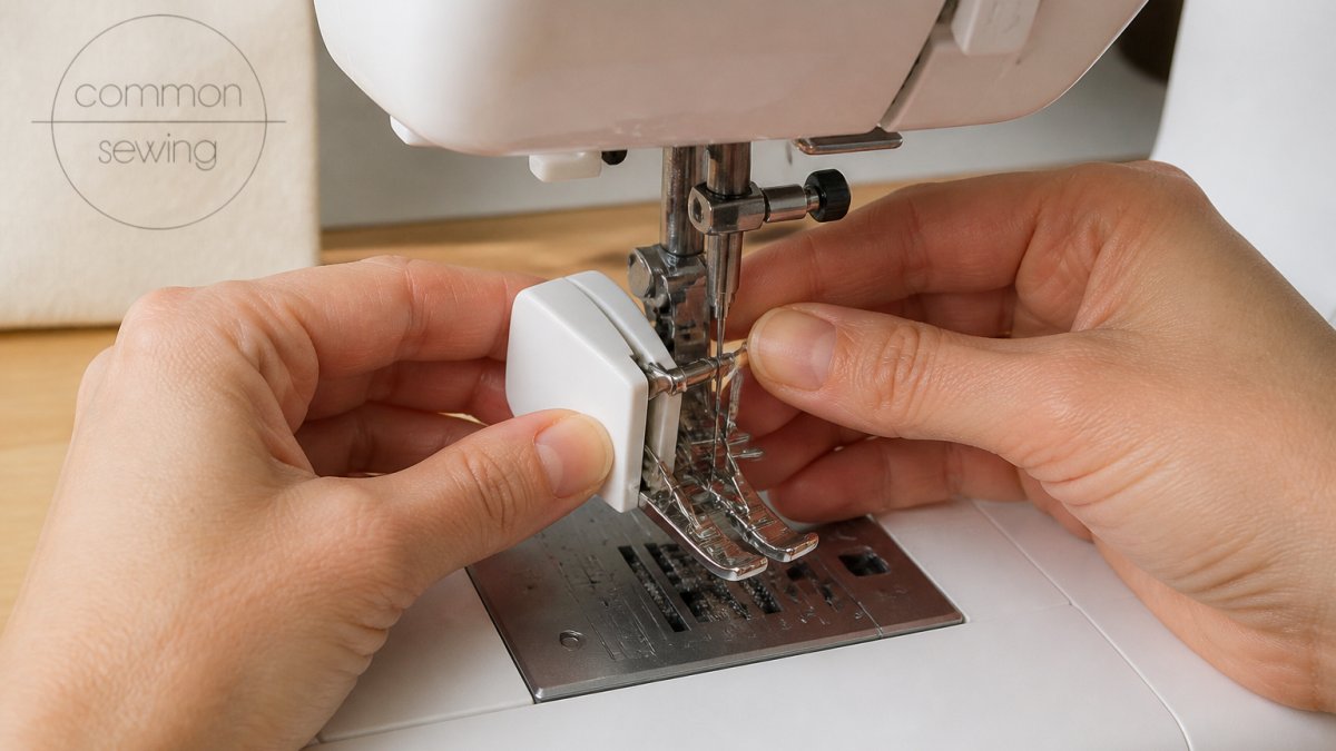Close-up of hands attaching a walking foot to a sewing machine presser foot, showing the attachment mechanism and proper positioning on the presser bar