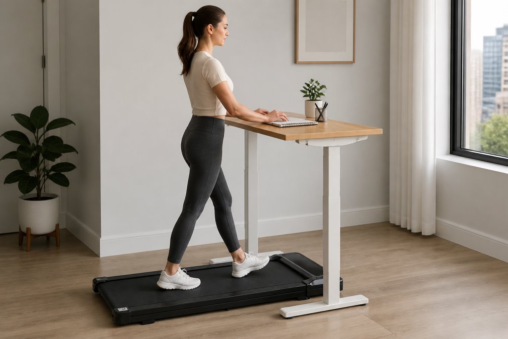 Remote worker standing at a compact desk with a foldable walking treadmill positioned underneath, typing while walking in a small home office with minimal furniture