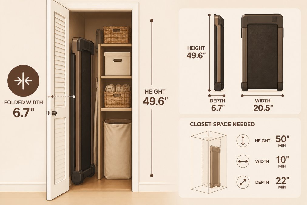 Compact folded walking treadmill leaning vertically in a narrow closet space next to other household items, showing real-world storage dimensions