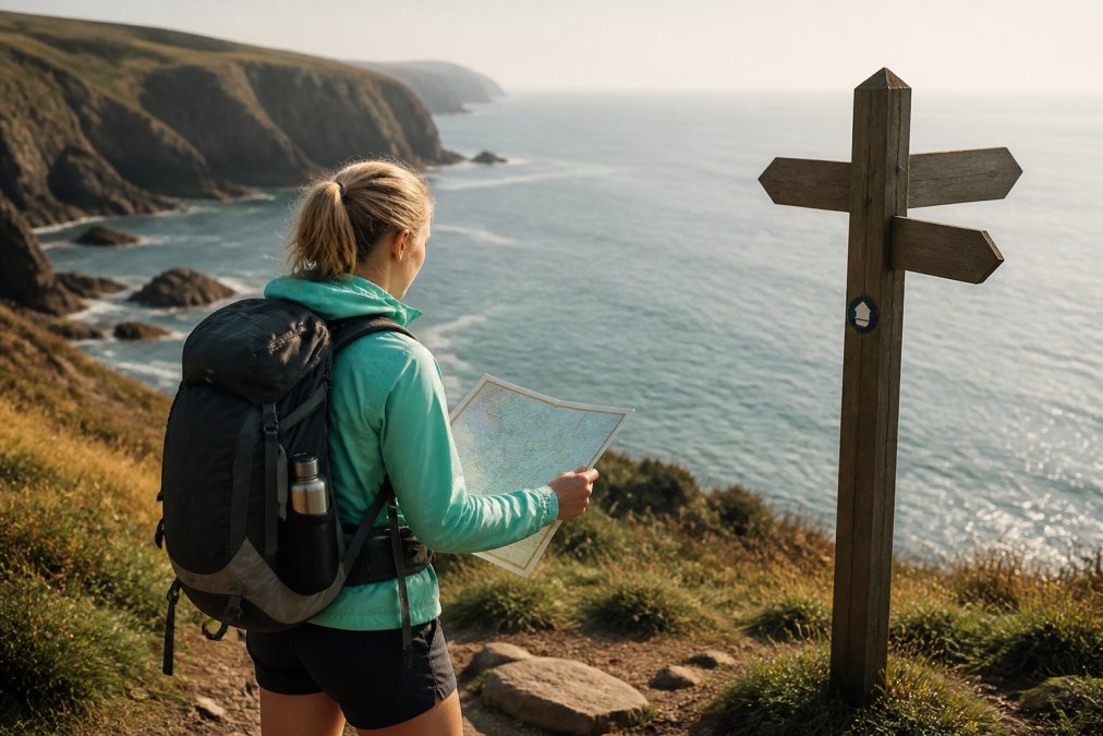 Professional illustration showing Hiker for walking the south west coast path