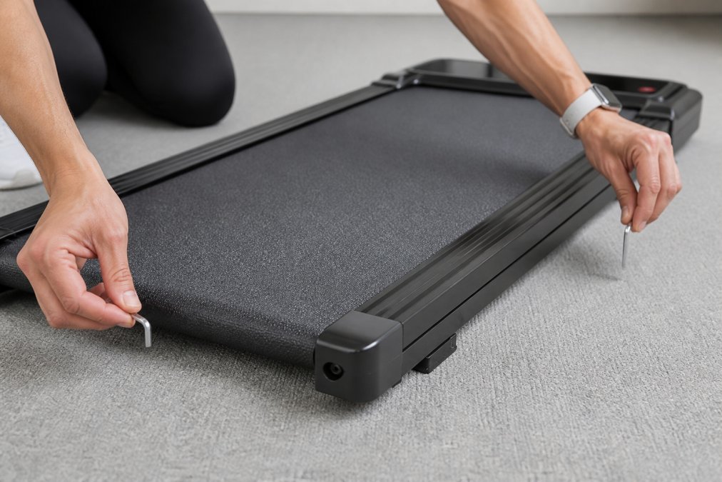 Close-up of hands using an allen key to adjust tensioning bolts on a walking treadmill belt, showing proper tool positioning and hand placement on both sides of the deck