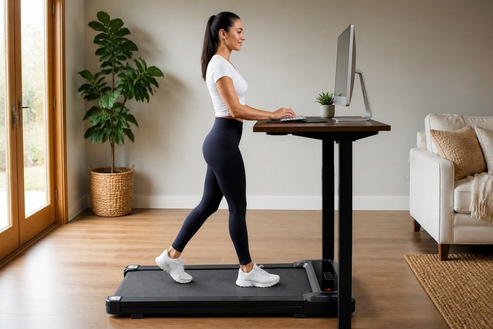 Professional demonstrating proper posture while working at a standing desk on a walking treadmill, showing neutral spine alignment, keyboard at elbow height, monitor at eye level, and balanced walking stance with shoulders relaxed