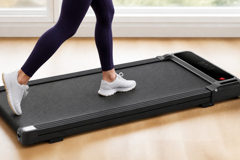 Close-up of a person's feet walking on a treadmill belt, showing the contact point and stride mechanics with natural lighting from a window