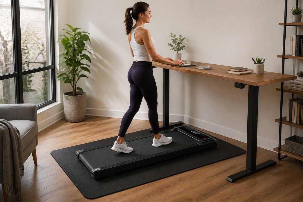 Home office setup with a walking treadmill positioned on a thick acoustic floor mat under a desk, with a person typing while standing in natural daylight
