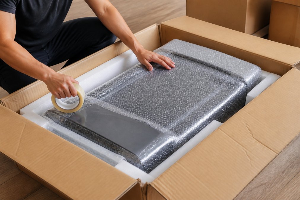 Person carefully wrapping a compact walking treadmill with multiple layers of bubble wrap, securing it with packing tape in a cardboard box, showing proper padding around the frame and motor components