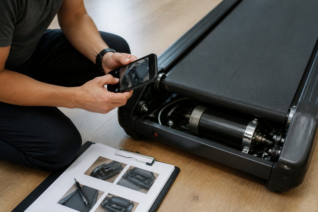 Close-up of someone carefully inspecting a walking treadmill's belt and motor components, documenting damage with a smartphone camera, with the inspection report and photos laid out on a desk