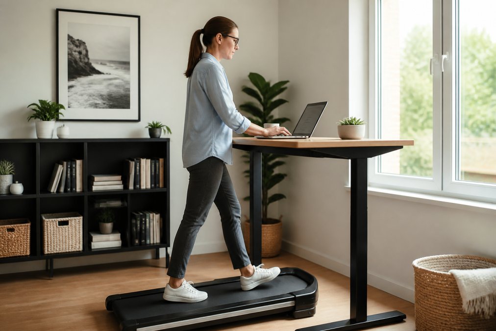 Professional woman typing at desk while walking on a compact treadmill beneath it, natural daylight from window, focused expression, modern home office setup