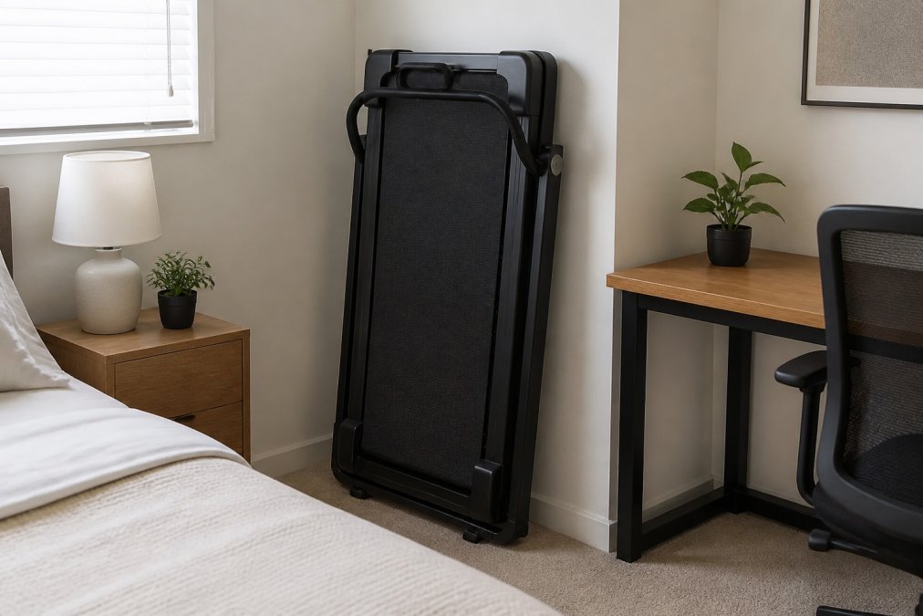 Compact foldable walking treadmill stored upright in corner of small apartment bedroom, next to desk and chair, showing space-saving design and practical storage solution