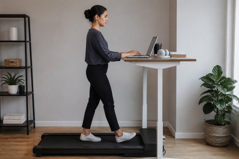 Professional demonstrating walking treadmill while typing at desk with focused attention on computer screen during work session