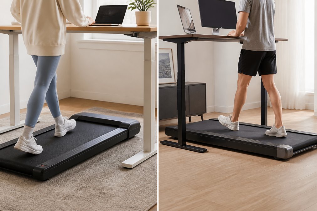 Remote worker at a standing desk with a compact walking pad underneath, typing on keyboard while walking, laptop and monitor visible, bright home office setting
