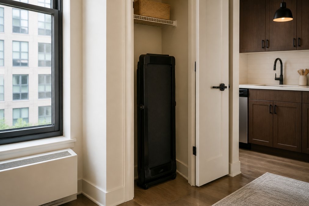 Compact folded walking treadmill stored vertically in a narrow apartment closet or against a wall, showing actual space-saving footprint