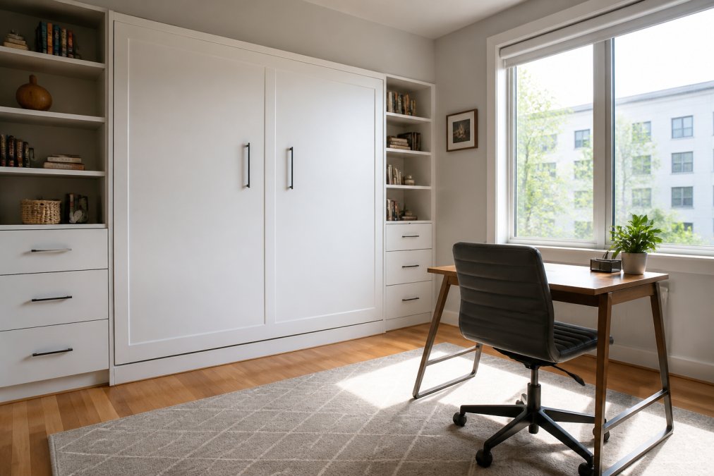 Closed wall bed cabinet in a small bedroom with a desk and chair occupying the extra floor space during the day