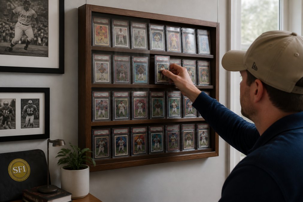 Collector adjusting a graded card slab inside a wall mounted card display in a home office
