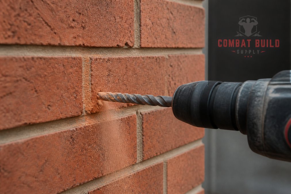 Close-up of a masonry drill bit drilling into a red brick wall with a power drill, showing proper angle and technique with dust particles visible
