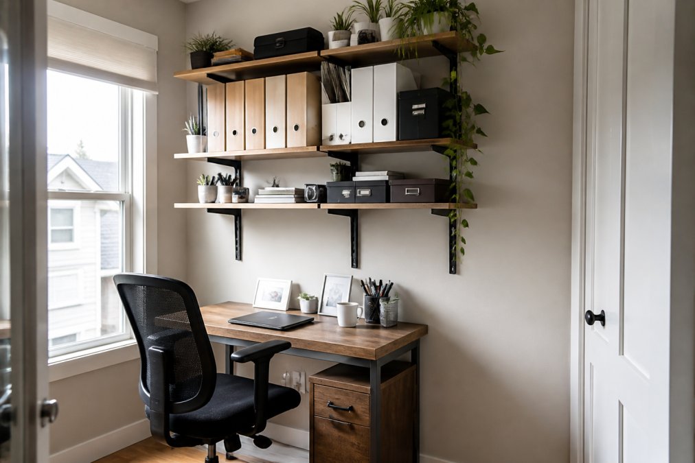 Compact home office with wall-mounted shelves holding files, supplies, and desk accessories above a small desk, showing vertical space optimization with natural window lighting