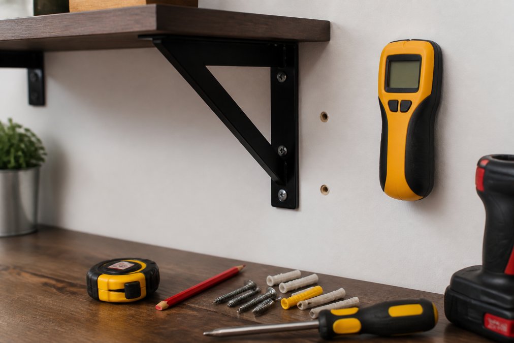 Close-up of wall-mounted shelf hardware and stud finder against drywall with visible wall anchors and installation tools on wooden surface
