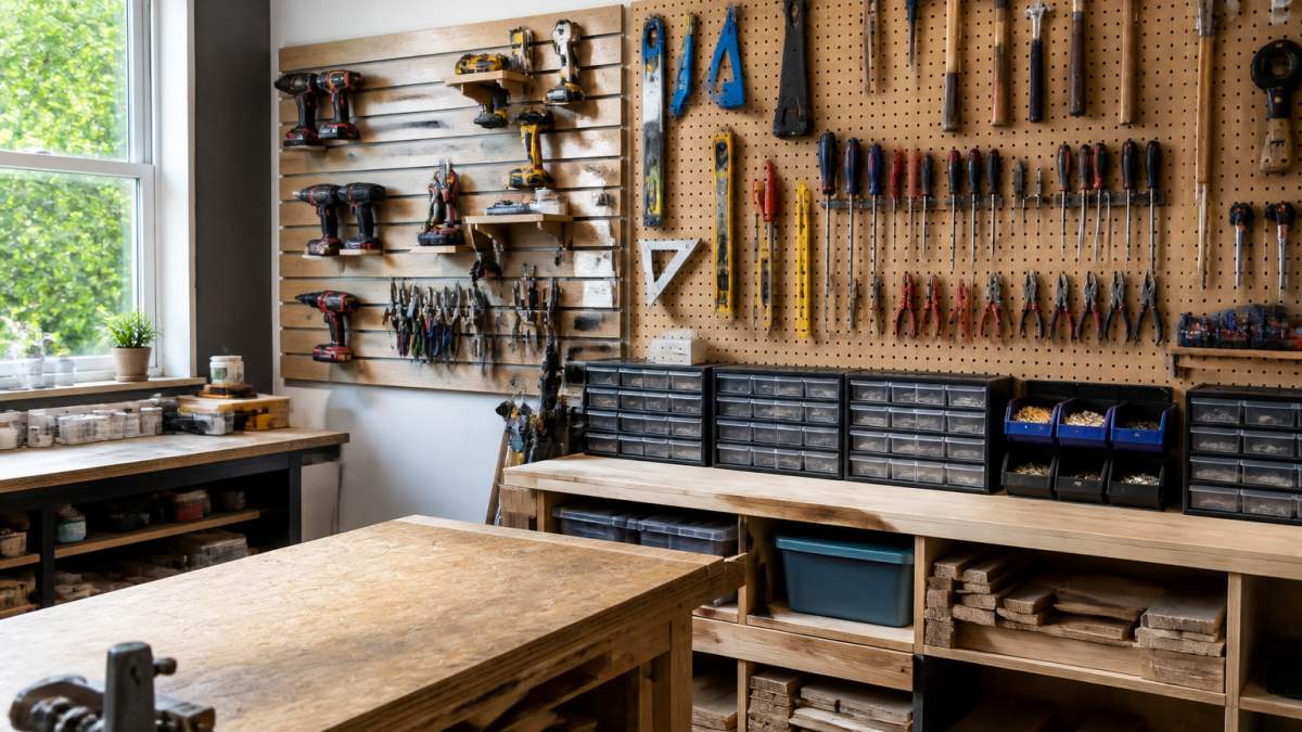 Compact workshop featuring wall-mounted tool organizers on pegboards and slatwall panels with organized hand tools.