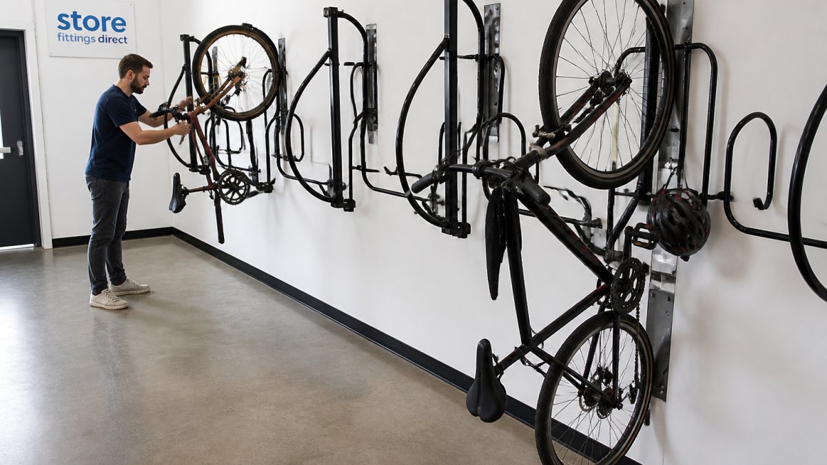 Diagram illustrating the space-saving benefits of vertical wall-mounted cycle storage systems