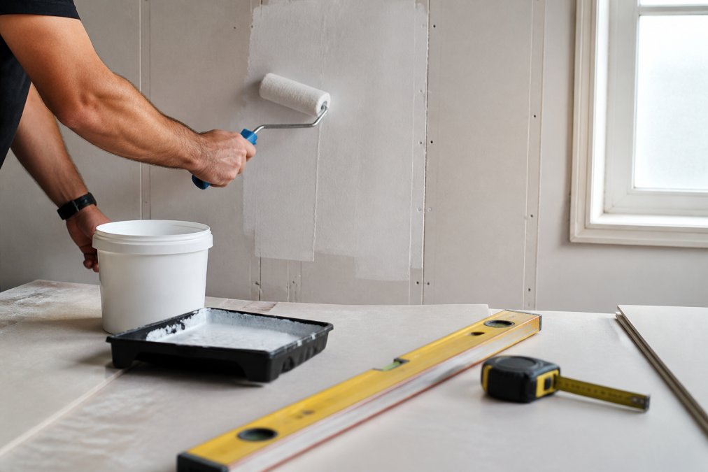 Homeowner's hands applying waterproof primer to plasterboard substrate in bathroom, with spirit level and measuring tape visible on work surface, natural window lighting