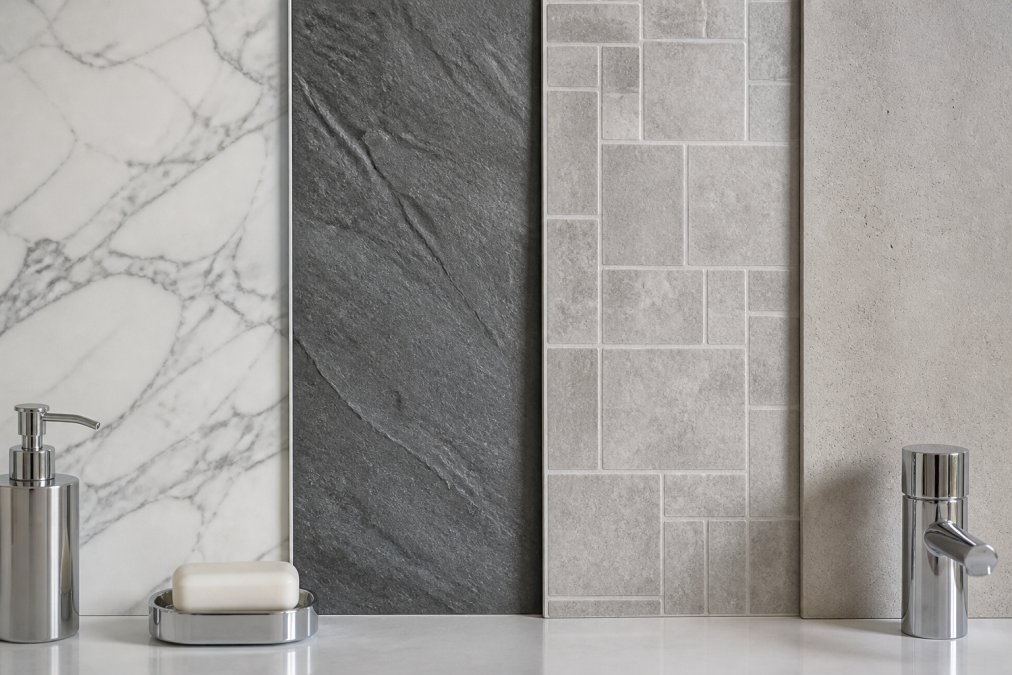 Close-up display of various wall panel finishes arranged side by side, marble texture, slate effect, tile pattern, and concrete finish, in natural bathroom lighting with chrome fixtures visible