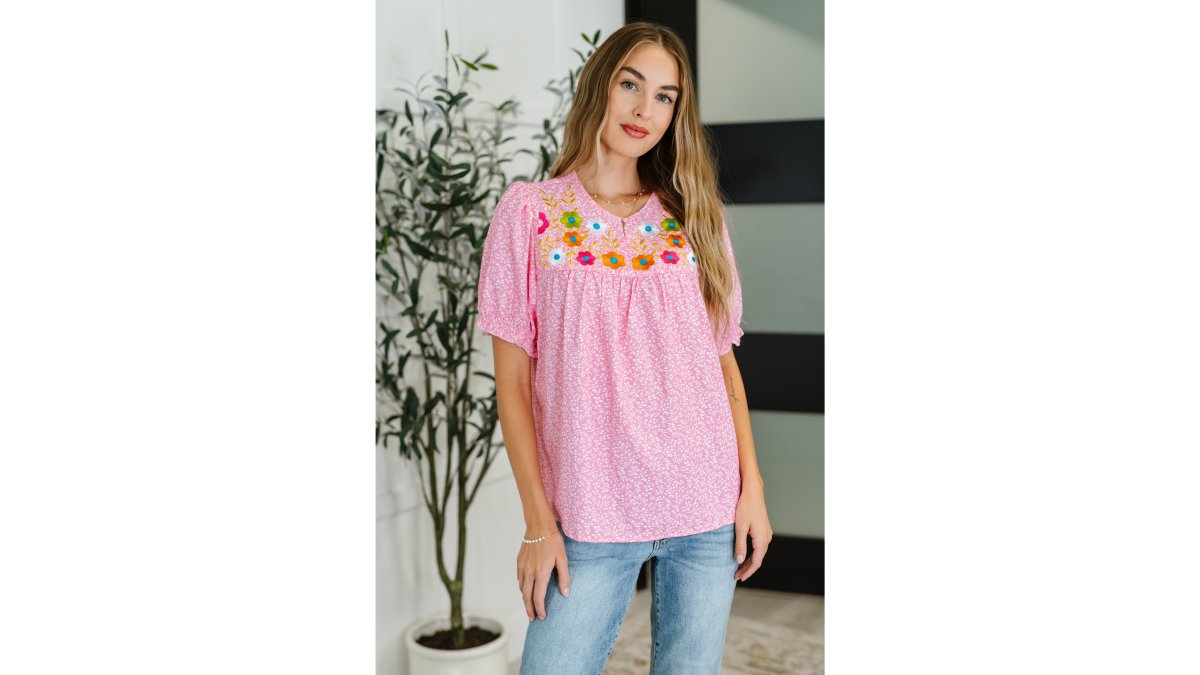 Wander Bloom Embroidered Puff Sleeve Blouse in Pink