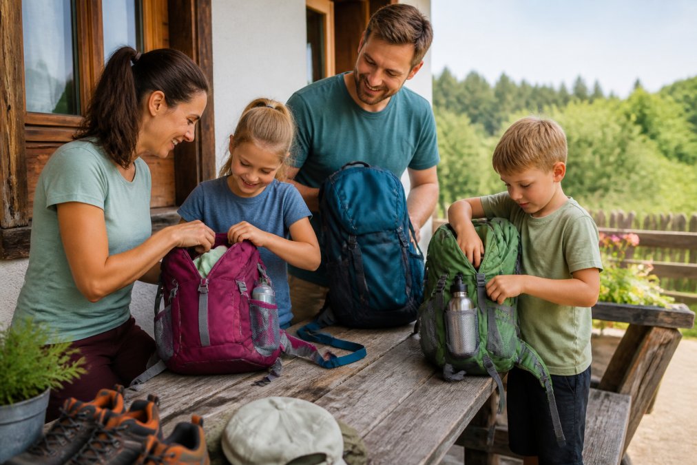 A family with two children is packing their hiking backpacks on a wooden bench in front of a vacation rental; hiking boots are next to them; sunny weather; green scenery in the background