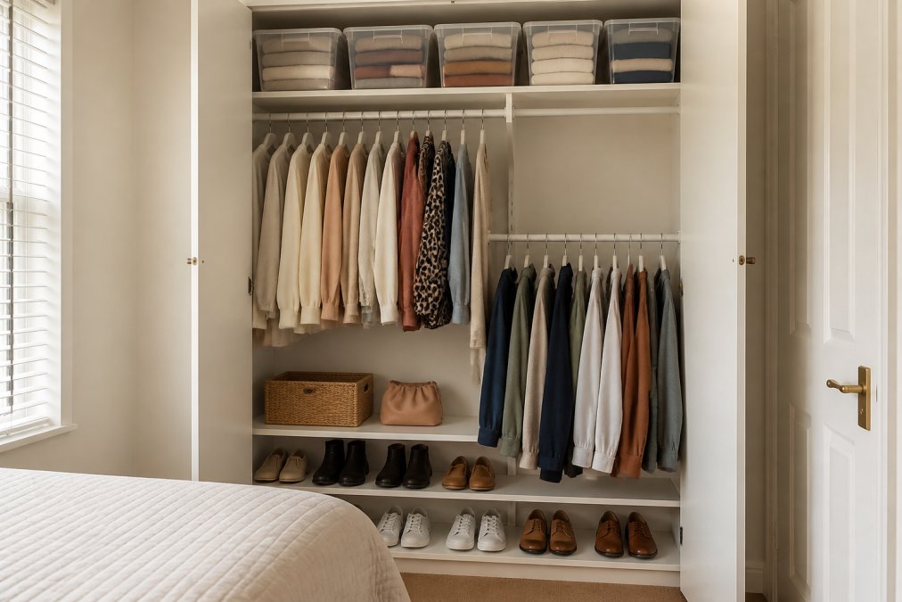 A well-organized wardrobe interior with white double hanging rails at different heights, clear storage bins stacked on upper shelves, and shoes arranged on lower shelves, showing efficient vertical space usage in a compact bedroom alcove
