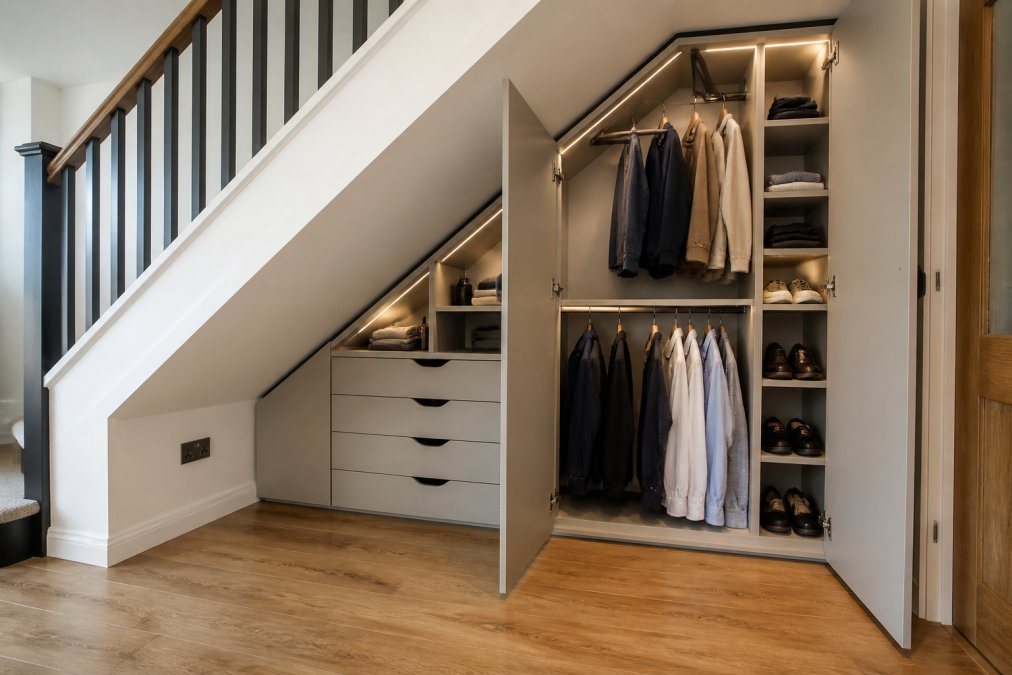 A custom-fitted wardrobe installed seamlessly into an understairs alcove with sloping ceiling, featuring adjustable shelving, hanging rails at different heights, and pull-out drawers that maximize the awkward triangular space, installed in a modern home