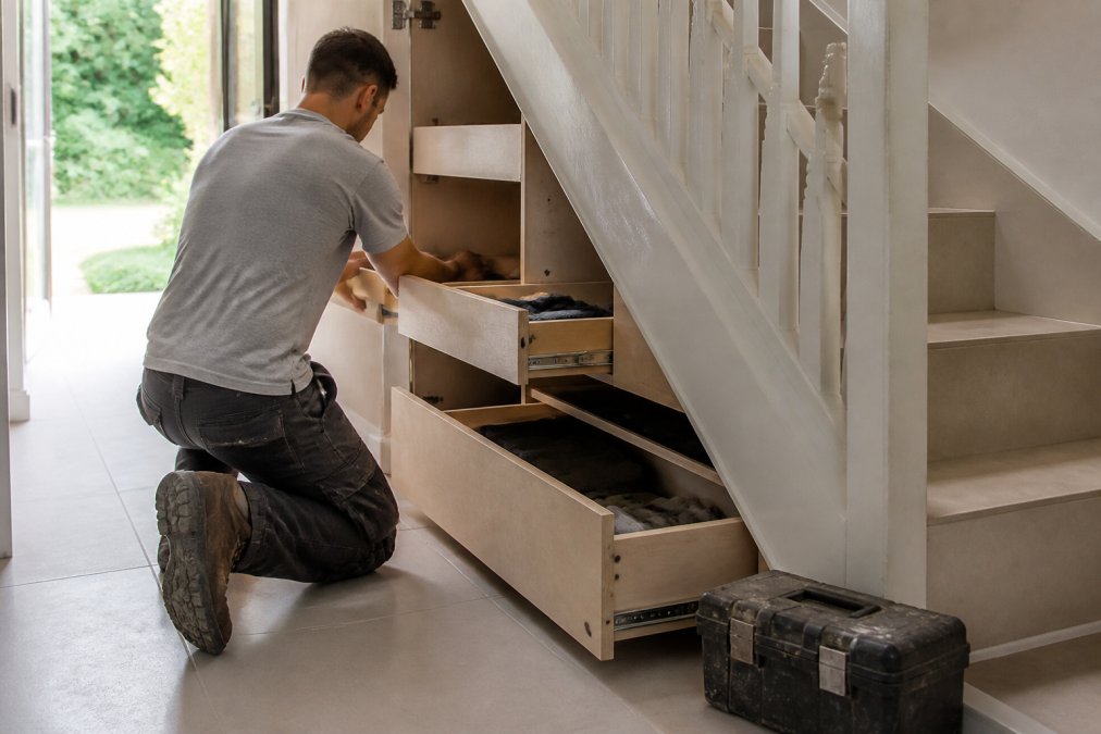 Joiner installing bespoke understairs wardrobe storage drawers in a bright hallway with tools nearby