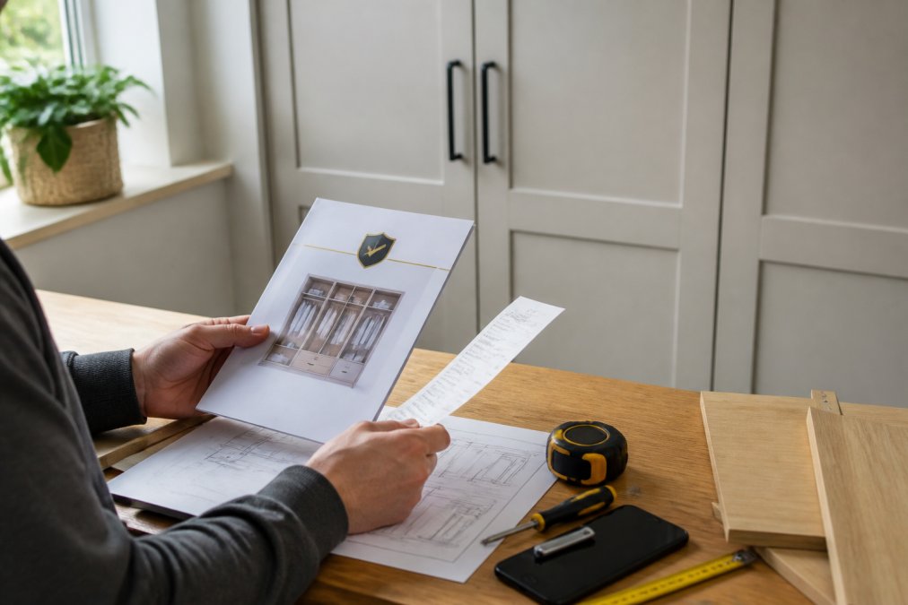 Homeowner's hands holding warranty documentation and receipt next to fitted wardrobe door, with product guarantee paperwork visible on wooden surface in natural daylight