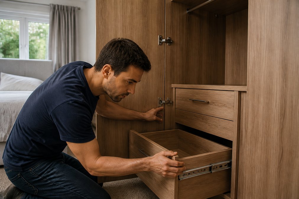 Homeowner carefully inspecting fitted wardrobe hinges and drawer runners with hands checking alignment and smooth operation, examining interior components in bright bedroom lighting
