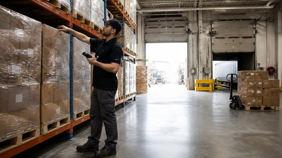 Warehouse staff organizing inventory on shelves within a facility providing warehouse distribution services.