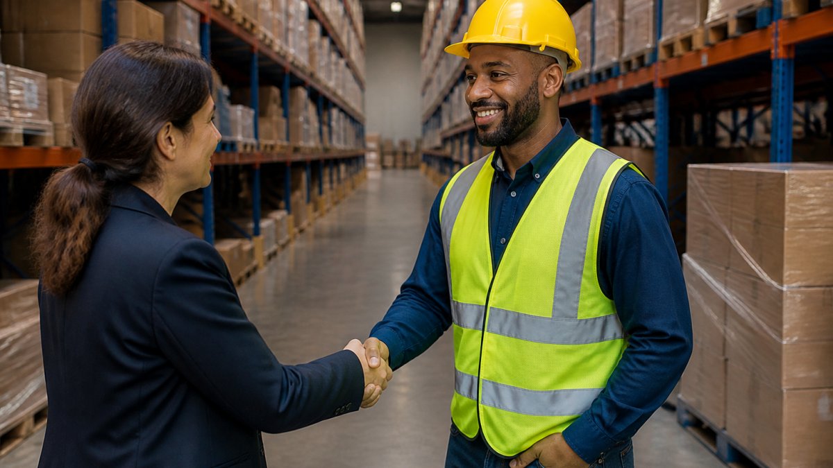 Warehouse worker and hiring manager shaking hands while discussing warehouse interview tips in a clean facility.