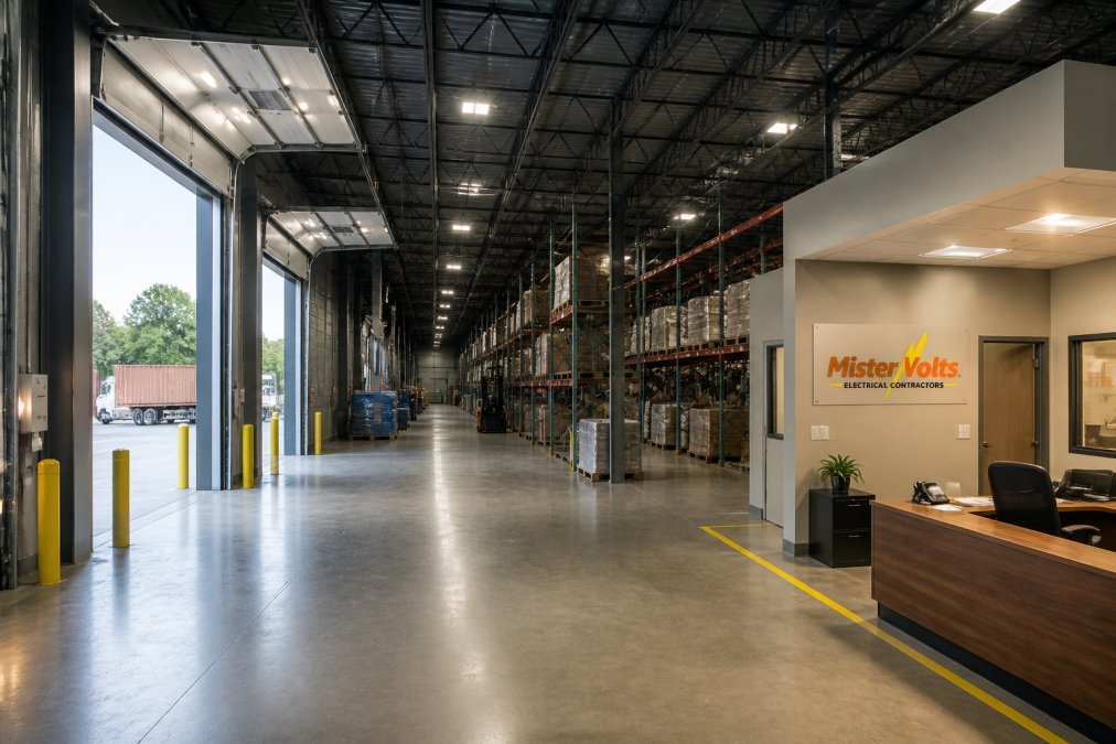 Wide-angle view of a modern warehouse interior showing high-bay LED fixtures illuminating different zones: bright loading dock area with natural light streaming through overhead doors, storage aisles with consistent 5000K LED lighting, and office area with softer 4000K ambient illumination